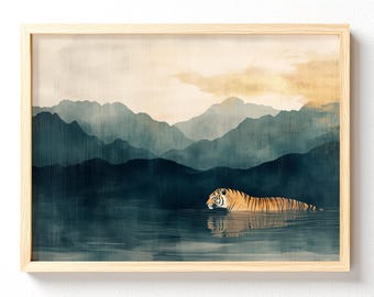 Japandi Tiger in Water Matte Horizontal Poster Art, Green Backdrop Golden Sky 447, Unframed