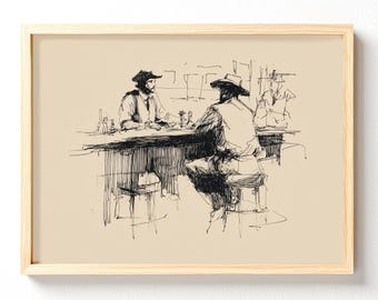 Western Saloon Sketch Matte Horizontal Poster | Cowboy Bar Illustration 694 unframed