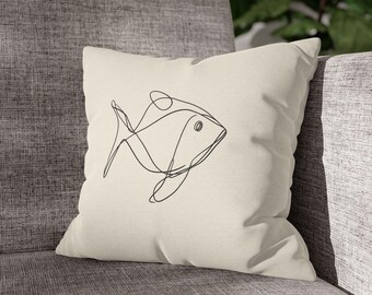 Minimal Line Fish Pillowcase | Coastal Nautical Throw Pillow Cover