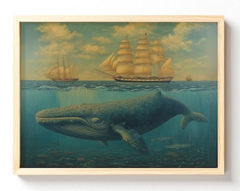 Blue Whale Illustration Matte Poster | Nautical Ship Ocean Art, 697 unframed