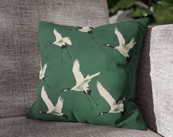White Cranes Pattern Pillowcase | Green Bird Throw Pillowcase
