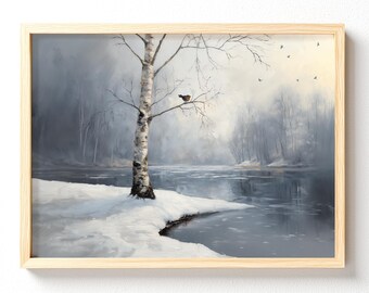 Birch Tree Winter Landscape Matte Horizontal Poster | Snowy Lake Wall Art, unframed 620