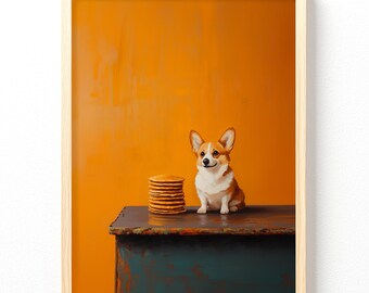 コーギーのプリント画　コーギーとキッチン コーギーシェフパンケーキポスター - かわいい犬のキッチンウォール