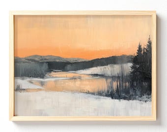 Sunset Lake Landscape Matte Horizontal Poster | Winter Meadow Wall Art, unframed 621