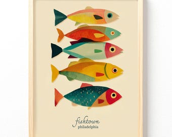 Fishtown Philadelphia Art Print, Colorful Fish Poster, Cityscape Wall Decor, unframed