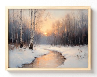 Winter Birch Sunrise landscape Matte Horizontal Poster | Snowy Stream Wall Art, unframed 618