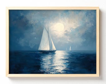 Moonlit Sailboat Poster Matte Horizontal, Nautical Sea Print, Coastal Wall Art, unframed 622