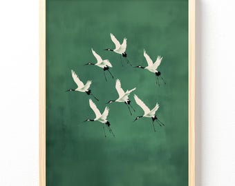 Minimalist Crane Print, Japandi Deep Jade Green Wall Art, 178, Unframed
