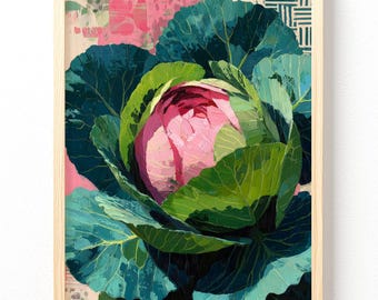 Cabbage Pop Art Botanical Art Matte Poster | Green Pink Vegetable Wall Print, unframed 681