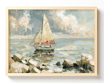 Sailboat Seascape Poster | Matte Horizontal Poster, Coastal Wall Art, Nautical Painting 699 unframed