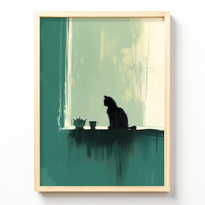 Maine Coon Katze Wandkunst, Katzendruck mit Teekanne und Tasse, Hintergrund in Türkisblau 396, ohne Rahmen