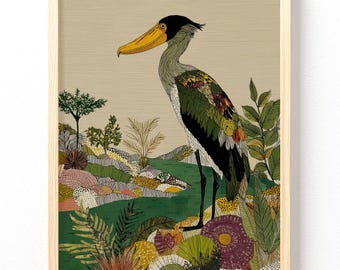 Tropical Shoebill Bird Poster | Matte Vertical Wall Art, Botanical Illustration, unframed 667