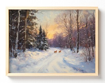Winter Forest Landscape Matte Horizontal Poster | Snowy Path with Deer, unframed 615