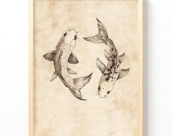 Koi Fish Vintage Sketch Posters | Matte Vertical Wall Art 486, Unframed