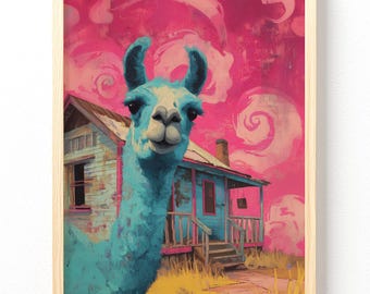 Whimsical Pop art Blue Llama Illustration Matte Vertical Poster | Colorful Surreal Countryside, unframed 686