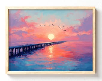Sunset Pier Seascape Matte Horizontal Poster | Ocean Horizon Artwork 702 unframed
