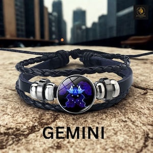 Luminous Zodiac Sign Bracelet: Vintage Leather Astrology Charm Bangle