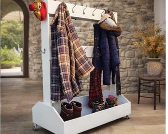 Mobile Mud Rack | Entryway Coat Rack with Hooks | Rolling Storage Organizer for Hats, Coats & Boots | DIY Wooden Rack Furniture