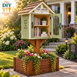 May include: A wooden free library box with a gabled roof, painted light green with white trim. The front features the text "FREE LIBRARY Take a Book Share a Book Be Kind" and "Small Books Big Dreams". It sits on a wooden planter base with flowers.