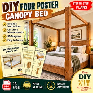 Könnte beinhalten: Eine digitale PDF-Anleitung für ein DIY-Himmelbett mit vier Pfosten, inklusive detaillierter Anweisungen, Zuschnittlisten, Maßen und 3D-Diagrammen. Das Dokument umfasst 13 Seiten zum Ausdrucken für den Bau eines Holzbetts.