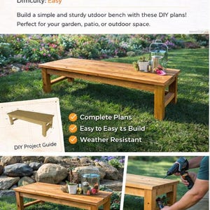 May include: A cedar garden bench with a rectangular top and sturdy legs. The bench is made of wood and is displayed outdoors on a grassy area. The image includes text that says "Cedar Garden Bench" and "DIY Project Guide".