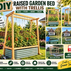 Puede incluir: Un bancal elevado de bricolaje con un marco de enrejado de madera y una jardinera de metal corrugado. La imagen muestra texto que incluye DIY RAISED GARDEN BED WITH TRELLIS, Grow More Happiness y PDF INSTANT DOWNLOAD, junto a varias vistas.