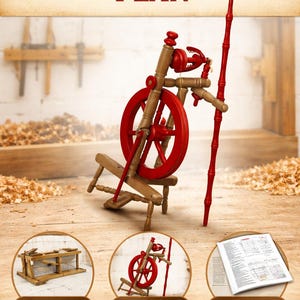 May include: A wooden spinning wheel plan with a red wheel and accents. The image includes the text "SPINNING WHEEL PLAN" and icons for full detailed plans, traditional design, and easy to follow instructions. The wheel is set against a wood background.
