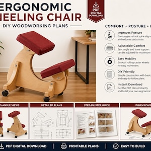 Puede incluir: Silla ergonómica de rodillas de madera clara con cojines burdeos. Diseñada para mejorar la postura, tiene ruedas. La imagen incluye el texto "ERGONOMIC KNEELING CHAIR DIY WOODWORKING PLANS". Dimensiones: 62 cm x 52 cm x 57 cm.