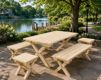 May include: A light-colored wooden outdoor dining set consisting of a rectangular slatted table, two long benches, and two square stools. Each piece features a sturdy X-frame base design with visible metal hardware connecting the wooden legs.