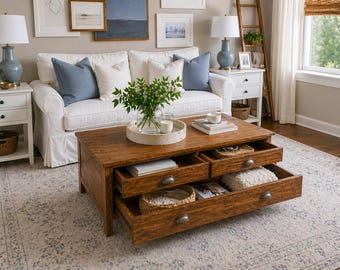 Rustic Wooden Coffee Table with Storage Drawers | Farmhouse Living Room Center Table | Handmade Modern Rustic Furniture for Home Decor