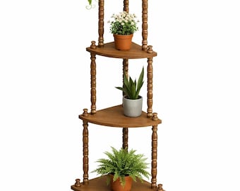 May include: A wooden corner plant stand with four triangular shelves. Each shelf holds a potted plant, including a trailing vine, small white flowers, a snake plant, and a fern. The stand has decorative turned supports.