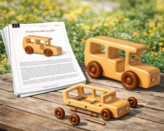 May include: Wooden toy bus in various stages of assembly, with a matching plan on a stack of papers. The bus is made of light-colored wood with brown wheels. The text on the paper reads "Wooden bus kids toy plan."