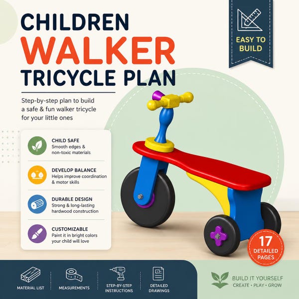 Children Walker Tricycle Plan DIY Wooden Balance Bike Plans Toddler Ride On Toy PDF Step by Step Woodworking Guide Kids Toy Blueprint