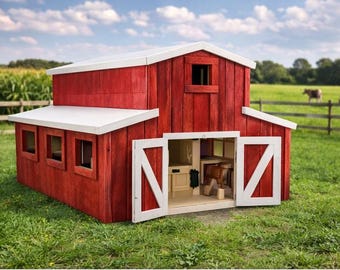 May include: A miniature red barn with white trim and open doors, set in a grassy field. The barn features a white roof and windows. The interior is visible, with miniature furniture and a small wooden horse. Cows graze in the background.
