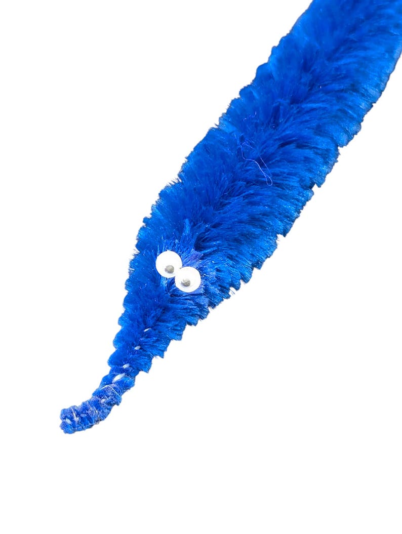 Fuzzy WORM on a STRING Clip Accessory for Hat, Clothing, Bag, or Hair - Vintage Toy Handmade Festival / Rave Sprout Clip, VTG Viral Gag Gift Dark Blue