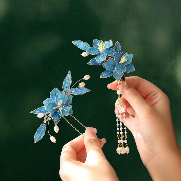 Blue Silk Flower Hair Claw – Handmade Woven Tassel Accessory, Gift for Daughter