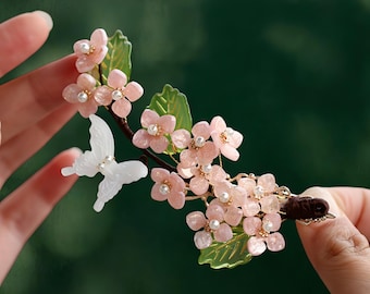 Pink Hydrangea Hair Clip – Handmade with Green Leaf & White Butterfly |Floral Hair Accessory
