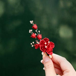 Op de afbeelding: Een rode bloemenbroche met kleine witte accenten en goudkleurige metalen details. De broche heeft een cluster van rode bloemen en knoppen, met de tekst "C02" in de rechterbovenhoek.