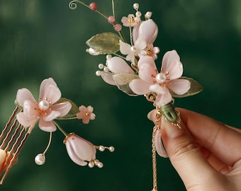 Handmade Pink Peach Blossom Hair Clip with Tassel – Romantic Floral Hair Pin