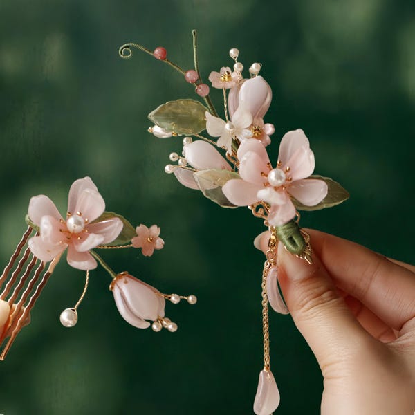 Handgemachte Rosa Pfirsichblüte Haarspange mit Quaste - Romantische Blumen Haarnadel