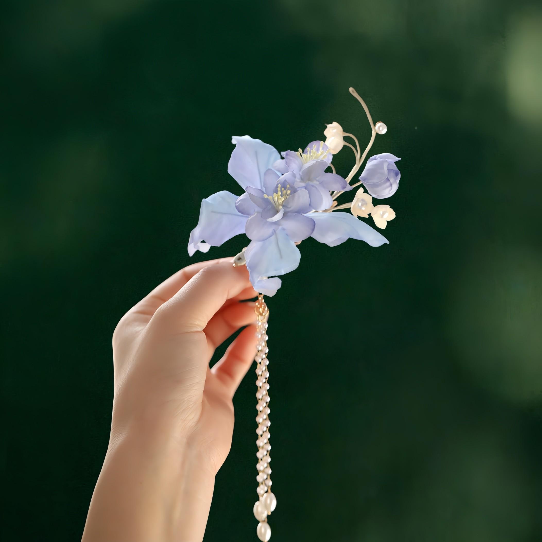 Light Blue Iris Hair Clip - Handmade Silk Burned Flower Side Hair Accessory, Birthday Gift
