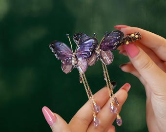 Pinza para el cabello con mariposa morada y borla / Regalo para damas de honor, regalo del Día de la Madre para ella.