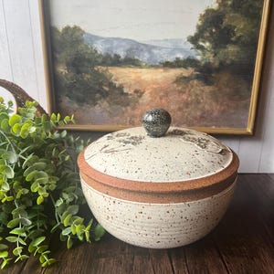 May include: A speckled ceramic bowl with a lid, featuring a brown rim and a dark gray knob. The bowl is set against a backdrop of a framed landscape painting and greenery.