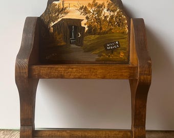 Vintage Folk Art Wooden Wall Shelf with Towel Bar | Signed Americana Decor