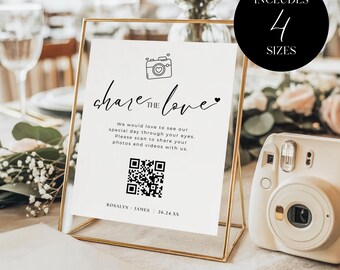 Minimalist Wedding Photo QR Code Sign: Share the Love (Canva Template, Digital Download) | LL001
