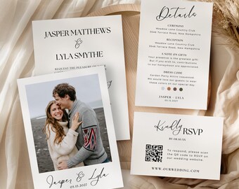 May include: A set of wedding stationery featuring a photo card, invitation, details card, and RSVP card. The photo card displays a couple, while the invitation lists the names Jasper Matthews and Lyla Smythe. The RSVP card includes a QR code.