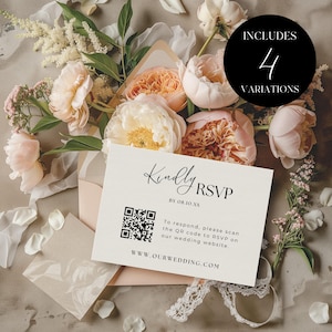 May include: A wedding RSVP card with the text "Kindly RSVP" and a QR code, surrounded by flowers and an envelope. The card includes the website address www.OURWEDDING.COM and the text "INCLUDES 4 VARIATIONS".