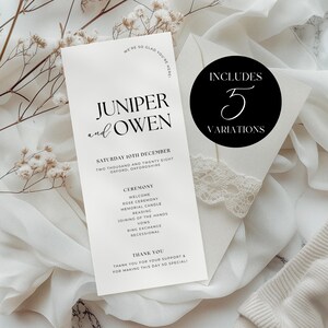 May include: Wedding stationery with the names "Juniper and Owen" and ceremony details. A black circle reads "Includes 5 Variations". The design is on a cream background with floral accents. The date is Saturday 10th December.