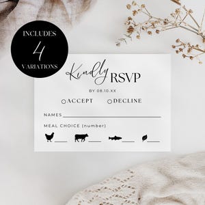 Puede incluir: Una tarjeta RSVP blanca con texto negro, que incluye "Kindly RSVP" y las opciones "Aceptar" o "Declinar". La tarjeta también presenta opciones de elección de comida con ilustraciones de pollo, vaca, pescado y hoja. Un círculo negro dice "Incluye 4 variaciones".