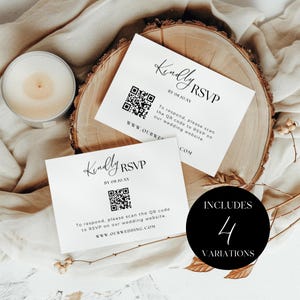 May include: Two white RSVP cards with black text, including a QR code and the text "Kindly RSVP". The cards are on a wooden slice with a candle and the text "INCLUDES 4 VARIATIONS" on a black circle.